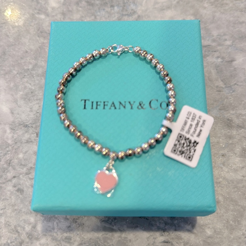 Tiffany & Co. Pink Heart Tag Bead Bracelet NWT Size Medium $285 Orig Retail